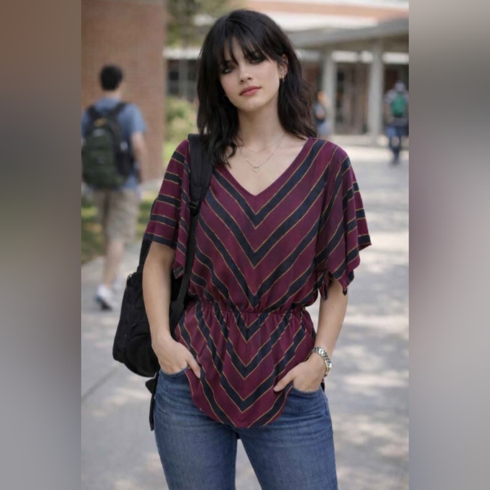 Anthropologie Ella Moss Chevron V-Neck Blouse - Purple and Blue. Size Small